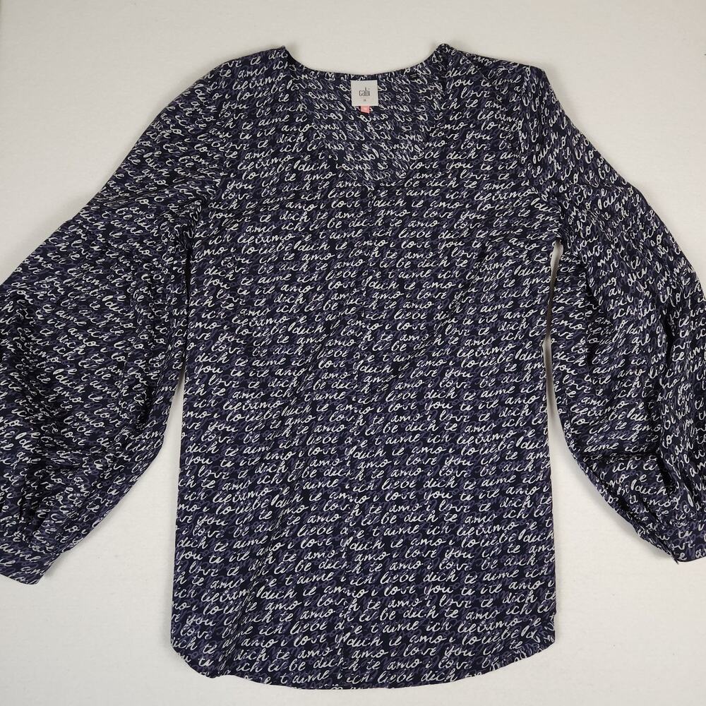 Cabi Womens Blouse Sz M Blue V Neck Puff #5336 Te Amo Puff Sleeve